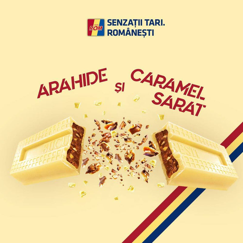 Rom - baton de ciocolata alba cu crema de caramel sarat si arahide - Delumani - Magazin Romanesc 